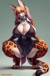 ai_generated anthro big_breasts black_fur black_lips black_nose blonde_hair breasts brooke_(wgenjoyr4539) canid canine canis character_request choker cleavage collar collared_shirt dyed_hair fangs full_body fur furry gigantic_breasts gyaru huge_breasts jackal legs_apart legs_spread leopard_print leopard_spots long_ears long_hair long_tail orange_fur original original_character pink_hair pleated_skirt plump purple_eyes school_uniform schoolgirl schoolgirl_uniform sharp_teeth skirt spotted_body spotted_fur spotted_tail spread_legs squatting stable_diffusion tail tuft voluptuous wgenjoyr4539 white_fur yellow_fur