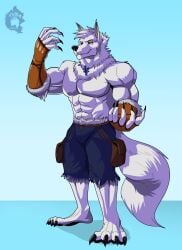 absurd_res alexander_the_wolf anthro armwear bottomwear canid canine canis claws clothing elbow_gloves fingerless_elbow_gloves fingerless_gloves fur gloves gradient_background handwear hi_res jewelry looking_at_viewer male male_anthro mammal muscular muscular_anthro muscular_male necklace pants shirtless shirtless_anthro shirtless_male simple_background solo solo_focus thekinkybear torn_bottomwear torn_clothing torn_pants white_body white_fur wolf