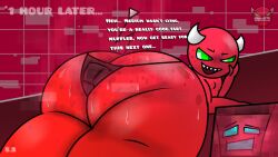 1boy ass_cleavage ass_focus big_ass big_butt big_head butt_crack circle_head cube_4_(geometry_dash) demon fat_ass geometry_dash green_eyes hard_demon horns huge_ass huge_butt laying_down male non-human red_body red_skin robtopgames sci-salandre sharp_teeth stuck stuck_in_ass swamp_ass sweat sweaty sweaty_ass sweaty_butt talking text thick_thighs toony