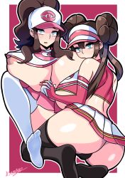 2girls alternate_breast_size ass big_breasts brown_hair game_freak hat hilda_(pokemon) huge_breasts light-skinned_female light_skin long_hair looking_at_viewer multiple_girls nintendo pokemon pokemon_(game) pokemon_bw pokemon_bw2 ponytail rosa_(pokemon) senak012 twin_buns twintails