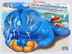 2024 all_fours anthro anus ass avian backsack balls beach big_butt blue_body bodily_fluids clothing cum cum_on_anus cum_on_butt detailed_background dialogue el_booki english_text exclamation_point genital_fluids genitals hat headgear headwear king_dedede kirby_(series) male musk nintendo outside overweight overweight_male solo sweat text