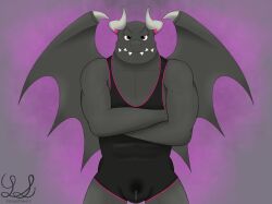 anthro anthro_only bodily_fluids bulge crossed_arms dark_aura dragaux dragon excited eyebrows genital_fluids hi_res horn male male_only nintendo precum ring_fit_adventure solo sportswear teeth thick_eyebrows wings yose_stones