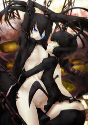 2girls arms_up black_hair black_rock_shooter black_rock_shooter_(character) blue_eyes bottomless breast_press breasts chains checkered dead_master dress female female_only glowing glowing_eyes high_resolution horns kuku_px long_hair multiple_girls navel open_clothes pussy pussy_juice saliva saliva_trail scar skull small_breasts straight_hair sweat tied_hair twintails uncensored yellow_eyes yuri