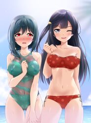 2girls blush bodypaint breasts bunji completely_nude embarrassed fangs fist hand_between_breasts love_live! love_live!_nijigasaki_high_school_idol_club medium_breasts mifune_shioriko navel nipples nude one_eye_closed open_mouth painted_clothes pussy sky smile standing tearing_up water yuuki_setsuna_(love_live!)