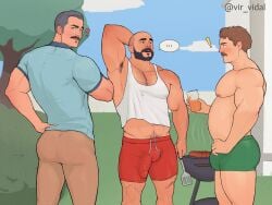 3boys arm_behind_head balls bara barazoku beard big_bulge bulge clothing erection_under_clothes facial_hair flaccid gay hairy huge_bulge looking_at_viewer male male/male male_focus male_nipples male_only male_pubic_hair manly moustache muscular_male nipples penis penis_outline solo_male tight_clothing vir_vidal yaoi