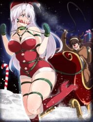 1boy 1girls bell_collar bit_gag blue_eyes blurry_background bondage bondage_mittens boots bound bound_hands brown_hair candy_cane carriage christmas christmas_outfit female femsub gag gagged harness high_heeled_boots high_heels high_school_dxd hyoudou_issei maledom o-ring_harness ponyplay pulling_carriage pulling_sleigh reindeer_costume rossweisse ryner-e sleigh snow tape taped_hands very_long_hair whip white_hair