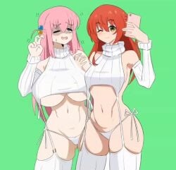 2girls animated big_breasts bocchi_the_rock! breasts female female_only flat_chest gotou_hitori holding holding_phone kita_ikuyo long_hair meme_attire miruyuyo multiple_girls nervous no_sound open_mouth panic panic_attack panicking phone pink_hair red_hair revealing_clothes selfie shaking shorter_than_10_seconds shorter_than_30_seconds side-tie_panties smartphone tagme taking_picture tweaking underboob v video virgin_destroyer_sweater