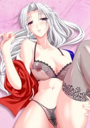 black_bra black_thong bra breasts eirin_yagokoro female fingernails lingerie long_hair looking_at_viewer mismatched_pubic_hair nipples panties pubic_hair see-through see-through_bra see-through_panties silver_hair suzuki_sakura thighhighs touhou underwear