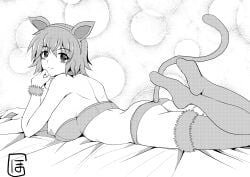 1girls animal_ears arm_support artist_request ass bed big_ass big_breasts bikini breasts busty cat_ears cat_tail feet female infinite_stratos large_breasts laying_on_stomach legs looking_at_viewer lying monochrome nipples on_stomach pose posing sarashiki_tatenashi seductive seductive_smile sensual short_hair sideboob sidelocks smile solo swimsuit tail the_pose thighhighs thighs