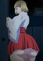 alisa_(katainaka_ni_totsui_de_kita_russia_musume_to_h_shimakuru_ohanashi) big_ass big_breasts blonde_hair blue_eyes cosplay katainaka_ni_totsui_de_kita_russia_musume_to_h_shimakuru_ohanashi mature_female miko miko_outfit short_hair solo