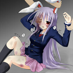 affront_to_nature animal_ears assisted_rape beaten beige_skin black_socks blood breasts bruises bunny_ears clothed clothed_rape crying cum death eye_penetration female female_death forced gore grey_background guro human knee_socks kneehighs kneesocks large_breasts long_hair penis purple_hair rape red_eyes reisen_udongein_inaba restrained rionoil school_uniform sitting skirt skull_fucking socks solo_focus soulless_eyes stockings tears touhou uncensored