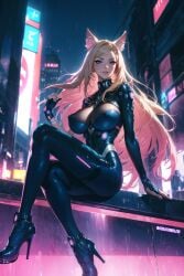 ahri ai_generated big_breasts blonde_hair blue_eyes creationslevi crossover cyberpunk cyberpunk_2077 girl k/da_all_out_ahri latex league_of_legends neon nine_tailed_fox nipples seductive sitting