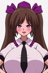 1girls 2d animated areolae big_breasts blush breasts brown_hair facing_viewer female flashing flashing_breasts hair_ribbon hatate_himekaidou heart-shaped_pupils humanoid hypnosis looking_at_viewer loop looping_animation mind_control necktie nipples open_mouth purple_eyes shiguma_(signalmass) shirt short_sleeves simple_background slave_handles solid_color_background solo source tengu tied_hair tokin_hat tongue_out touhou twintails white_background