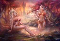 2d 2d_(artwork) 2d_artwork 2girls autumn autumn_leaves bikini blizzard_entertainment blood_elf elf elf_ears elf_female elf_girl green_eyes human human_female in_water inviting lake lingerie lingerie_only looking_at_viewer multiple_girls ponytail red_eyes sally_whitemane seductive seductive_look silvermoon sitting sitting_on_ground standing standing_in_water tamikaproud valeera_sanguinar warcraft white_hair white_skin world_of_warcraft