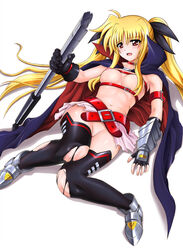 bardiche belt blonde_hair boots breasts broken cyclone fate_testarossa female female_only fingerless_gloves fingernails gloves hair_ribbon highres lyrical_nanoha mahou_shoujo_lyrical_nanoha mahou_shoujo_lyrical_nanoha_strikers nipples pussy red_eyes ribbon solo thighhighs