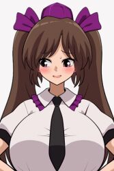 1girls 2d animated areolae big_breasts blush breasts brown_hair facing_viewer female flashing flashing_breasts hair_ribbon hatate_himekaidou humanoid looking_away looking_down loop looping_animation necktie nipples open_mouth purple_eyes shiguma_(signalmass) shirt short_sleeves shy simple_background slave_handles solid_color_background solo source sweatdrop tengu tied_hair tokin_hat touhou twintails white_background