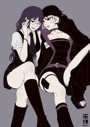 2girls absurdres bare_thighs black_collar black_dress black_eyes black_hair boruto:_two_blue_vortex breasts choker collar collarbone crossed_legs dress female female_only glasses high_heels highres ikkiritsu jacket kakei_sumire long_hair medium_breasts miniskirt multiple_girls naruto naruto_(series) necktie purple_eyes purple_hair sarada_uchiha school_uniform short_hair shorts simple_background sitting skirt strapless thighs tube_top uchiha_sarada