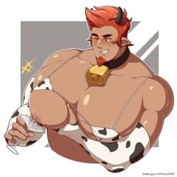 1boy anthro cowbelly cowprint fross2art horns human lactating lactation lucio_soliz male male_lactation male_only red_hair solo solo_male