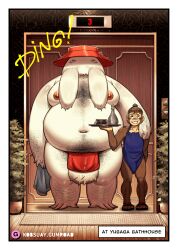 absurd_res anthro balls bara big_balls bottomwear clothing desfrog duo elevator food food_creature genitals ghibli hairy hi_res loincloth male male_only mammal nipples overweight radish_spirit spirited_away