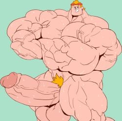 balls bara big_balls big_muscles big_penis boner crossed_arms duolingo eddy_(duolingo) erection headband human hyper_genitalia hyper_muscles hyper_penis male male_only muscles muscular nude penis remert solo solo_male sweat sweating