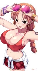 1girls accessories arm_tattoo armlet arms_up bare_arms bare_shoulders big_breasts blush blush_lines body_markings bracelet breasts brown_eyes cleavage clothed clothes_around_waist clothing color earrings eyelashes eyewear female female_focus female_only forehead from_above hair_tie hi_res hips hoop_earrings jewelry kasai_shin large_breasts light-skinned_female light_skin lips long_hair looking_at_viewer looking_up midriff nami nami_(one_piece) navel one_piece open_mouth open_smile orange_eyes orange_hair parted_bangs post-timeskip raised_eyebrows shounen_jump solo solo_female standing sunglasses sunglasses_on_head tattoo thick_thighs thighs tied_hair tongue white_background