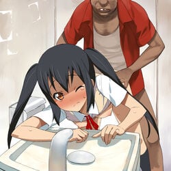 1boy 1girls a1 age_difference azusa_nakano_(k-on!) bathroom bent_over black_hair black_socks blush bottomless breasts brown_eyes closed_eyes clothed_rape doggy_style female fingernails footwear frown full_color highres human human_only initial-g k-on! knee_socks kneehighs kneesocks legwear long_hair male nipples older_male older_man_and_teenage_girl rape school_uniform schoolgirl sex shirt_lift sink small_breasts socks straight sweat sweater_vest teenage_girl teenager tied_hair twintails ugly_bastard ugly_man uncensored vaginal_penetration wince younger_female