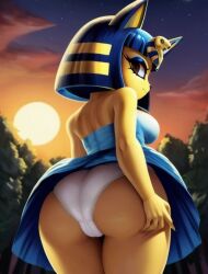 ai_generated animal_crossing ankha ankha_(animal_crossing) anthro ass cameltoe cat_ears catgirl cleavage diplive7 feline female furry hand_on_hip looking_back outdoors outside panties pantyshot sideboob sunset tight_clothing underwear upskirt white_panties