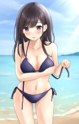 1girls adjusting_bikini adjusting_clothes adjusting_swimsuit beach bikini black_hair breasts clouds large_breasts long_hair looking_at_viewer midriff navel ocean original outside purple_bikini purple_eyes purple_swimsuit side-tie_bikini side-tie_swimsuit sky swimsuit water yukimaru217