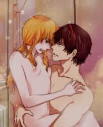 07th_expansion 2boys androgynous armband bathroom blonde_hair brown_eyes brown_hair femboy gay human lion_ushiromiya long_hair male male_only multiple_males nipples nobicco nude open_mouth ponytail sex shower shower_sex showering small_breasts sweat tears tied_hair tile_wall tiles umineko_no_naku_koro_ni willard_h_wright yaoi yellow_eyes