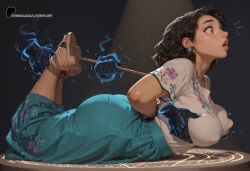 ai_generated altar arms_behind_back bound_arms bound_legs bound_wrists covered_nipples curly_hair curvy dark-skinned_female disembodied_hand disembodied_hands disney earrings encanto ghost_hands grabbing_another's_breast hogtie huge_ass large_breasts latentlust long_skirt magic_circle medium_hair mexican mexican_female mirabel_madrigal on_stomach rope rope_bondage shibari skirt surprised white_shirt