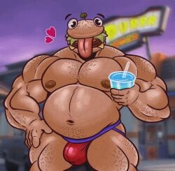 anthro beef_boss_(fortnite) bulge burger chubby chubby_male durr_burger food_creature fortnite fortnite:_battle_royale jockstrap jockstrap_only male male_only musclegut muscular muscular_male nipples pecs posstype sesame_seeds solo topless underwear video_games