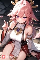 ai_generated breasts breasts_out female female fox_ears fox_girl game genshin_impact girl hentaicelestial large_ass large_breasts large_butt large_thighs larger_female pink_hair presenting thick thick_ass thick_thighs video_game_franchise yae_miko