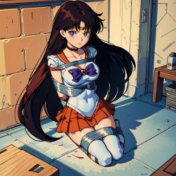 ai_generated bishoujo_senshi_sailor_moon bondage captured clothing fanta5syofmine kidnapped rei_hino sailor_mars sailor_uniform skirt small_breasts stockings tape_bondage tape_gag