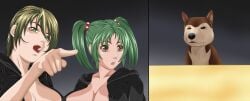 2girls angry bible_black bible_black_gaiden brown_eyes brown_hair canine green_eyes green_hair large_breasts meme multiple_girls rie_morita saki_shido witch woman_yelling_at_cat_(meme)