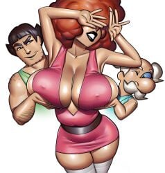 1girls 2boys auburn_hair big_breasts blossom_(powerpuff_girls) body_swap bubbles_(powerpuff_girls) buttercup_(powerpuff_girls) canon_body_swap canon_bodyswap cartoon_network cleavage clothed clothing female female_focus huge_breasts light-skinned_female light-skinned_male light_skin mayor_mayor ph powerpuff_girls professor_utonium sara_bellum voluptuous voluptuous_female