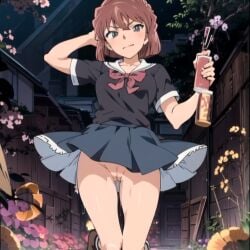 1girls 2024 ai_generated ai_haibara blue_eyes breasts brown_hair curvy detective_conan female female_focus female_only human kneeling kxy large_breasts outdoors pale-skinned_female pale_skin pussy short_hair skirt skirt_up thick_thighs wide_hips