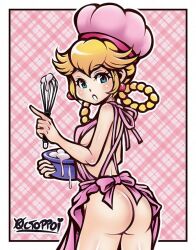 1girls apron ass blonde_hair blue_eyes blush breasts female female_only hat holding_bowl looking_at_viewer looking_back mario_(series) naked_apron octoppoi open_mouth patissiere_peach png princess_peach princess_peach:_showtime! solo standing white_border