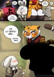 anthro bulge bulge_through_clothing cock_bulge duo erection erection_under_clothes female kung_fu_panda lollipopcon male master_tigress penis_bulge rabbit spanish_text tiger young