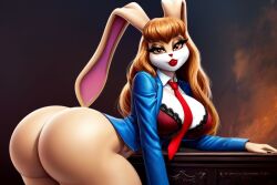 ai_generated anthro ass big_ass big_breasts blue_jacket breasts exposed_ass female lagomorph leporid lipstick long_hair lop_ears mammal orange_eyes orange_hair rabbit rabbit_ears red_necktie sonic_(series) sonic_the_hedgehog_(series) tie vanilla_the_rabbit