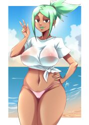 1girls areolae areolae_visible_through_clothing big_breasts black_eyes breasts cerebella female female_only green_hair green_lips green_lipstick hair half-closed_eyes hand_on_hip hips huge_breasts lips lipstick peace_sign pink_bikini_bottom ponytail shirt skullgirls solo solo_female swimwear thick_thighs thighs tobyllitos white_shirt