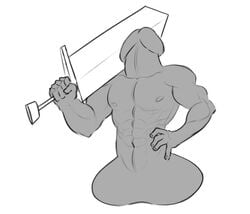 1boy abs commentary greatsword greyscale hand_on_hip hand_up holding holding_sword holding_weapon male_focus monochrome muscular nipples nude original over_shoulder penis solo solo_male suoiresnu sword testicles weapon weapon_over_shoulder