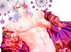 abs alternate_costume ambush_(trap) demon_slayer eyeshadow facial_mark grabbing_own_breast hair_down kaze8_ya kimetsu_no_yaiba kimono makeup male male_only muscular muscular_male nipple_tweak open_clothes open_kimono pecs red_eyes silver_hair solo uzui_tengen