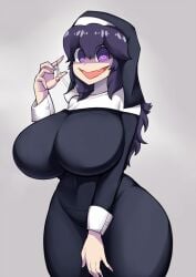 1girls 2023 allbeatnik alternate_breast_size big_breasts female female_only hex_maniac huge_breasts long_hair looking_at_viewer necklace nun nun's_habit nun_hat pokemon pokemon_xy purple_eyes purple_hair simple_background smiling smiling_at_viewer solo spiral_eyes thick_thighs wide_hips