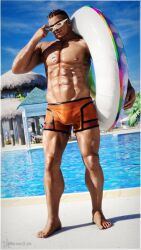 3d 3d_(artwork) 3d_model bayman beach bulge bulge_through_clothing day daytime dead_or_alive f0-star male male_focus male_only male_pov masculine paradise poolside resort russian scars_on_body solo solo_focus solo_male stapled_body swimsuit tecmo vacation white_sunglasses