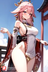 ai_generated breasts breasts_out female female fox_ears fox_girl game genshin_impact girl hentaicelestial large_ass large_breasts large_butt large_thighs larger_female pink_hair presenting thick thick_ass thick_thighs video_game_franchise yae_miko