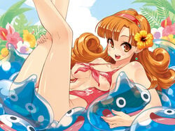 1girls alena_(dq4) areolae breasts brown_eyes dragon_quest dragon_quest_iv earrings erect_nipples female fingernails flower full_color hair_flower hair_ornament hairband hibiscus human jewelry kekocha kneepits legs_up long_hair lying open_mouth orange_eyes orange_hair pointy_chin slime slime_(dragon_quest) small_breasts smile straight_hair swimsuit uncensored