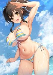 1girls absurdres asuka_(senran_kagura) bikini breasts brown_eyes brown_hair cleavage cloud cloudy_sky day dripping female fit_female hair_ribbon halterneck highres hourglass_figure large_breasts light-skinned_female light_blush medium_hair navel ocean open_mouth outdoors pinesphere ponytail ribbon salute senran_kagura shiny_skin side-tie_bikini_bottom sideboob skindentation sky slim_waist smile solo standing stomach string_bikini striped striped_bikini striped_clothes swimming swimsuit teenage_girl teenager thick_thighs underboob wet wet_clothes wet_swimsuit wide_hips