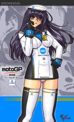 advertisement blue_hair breasts dress female female_only fully_clothed glasses gloves hand_on_hip hat honda large_breasts long_hair looking_at_viewer minidress moto_gp panties r1 race_queen revealing_clothes short_dress solo stockings text_on_clothing thighhighs white_dress white_panties