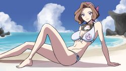 1girls beach bikini breasts brown_hair clouds dayyo_(daydarion/day-chan) goggles goggles_around_neck hair_ornament large_breasts looking_at_viewer midriff milf navel nintendo ocean outside palina_(pokemon) pokemon pokemon_legends:_arceus purple_eyes short_hair side-tie_panties side-tie_swimsuit sky source_request swimsuit water white_bikini white_swimsuit