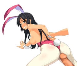 a1 animal_ears arm_support ass black_hair blue_eyes breasts bunny_ears bunny_tail bunnysuit censored clenched_teeth fake_animal_ears female highres human human_only imminent_rape initial-g k-on! male mio_akiyama_(k-on!) nipples pantyhose penis straight tail wrist_cuffs wrist_grab